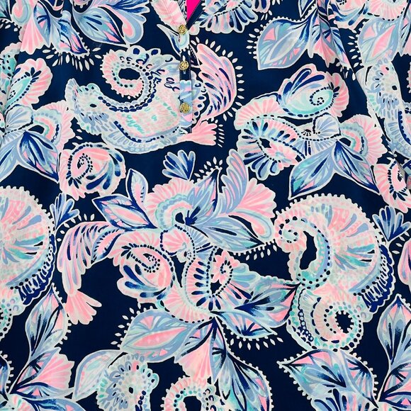 Lilly Pulitzer Elsa Top Navy Holy Flockamolie Long Sleeve Silk Blouse Small - Picture 4 of 10